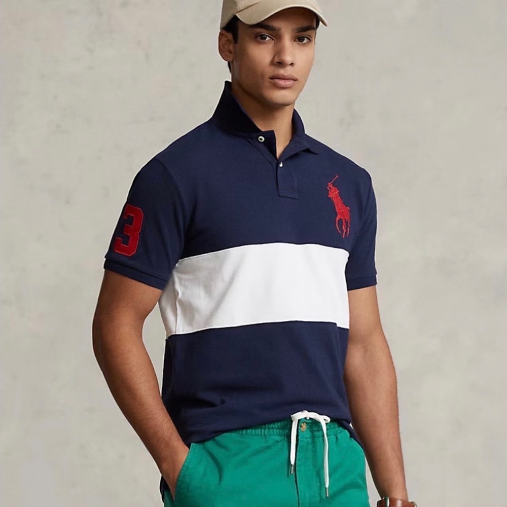 Polo Ralph Lauren Mens Big Pony Classic Fit Navy Blue White Stripe Polo Shirt L